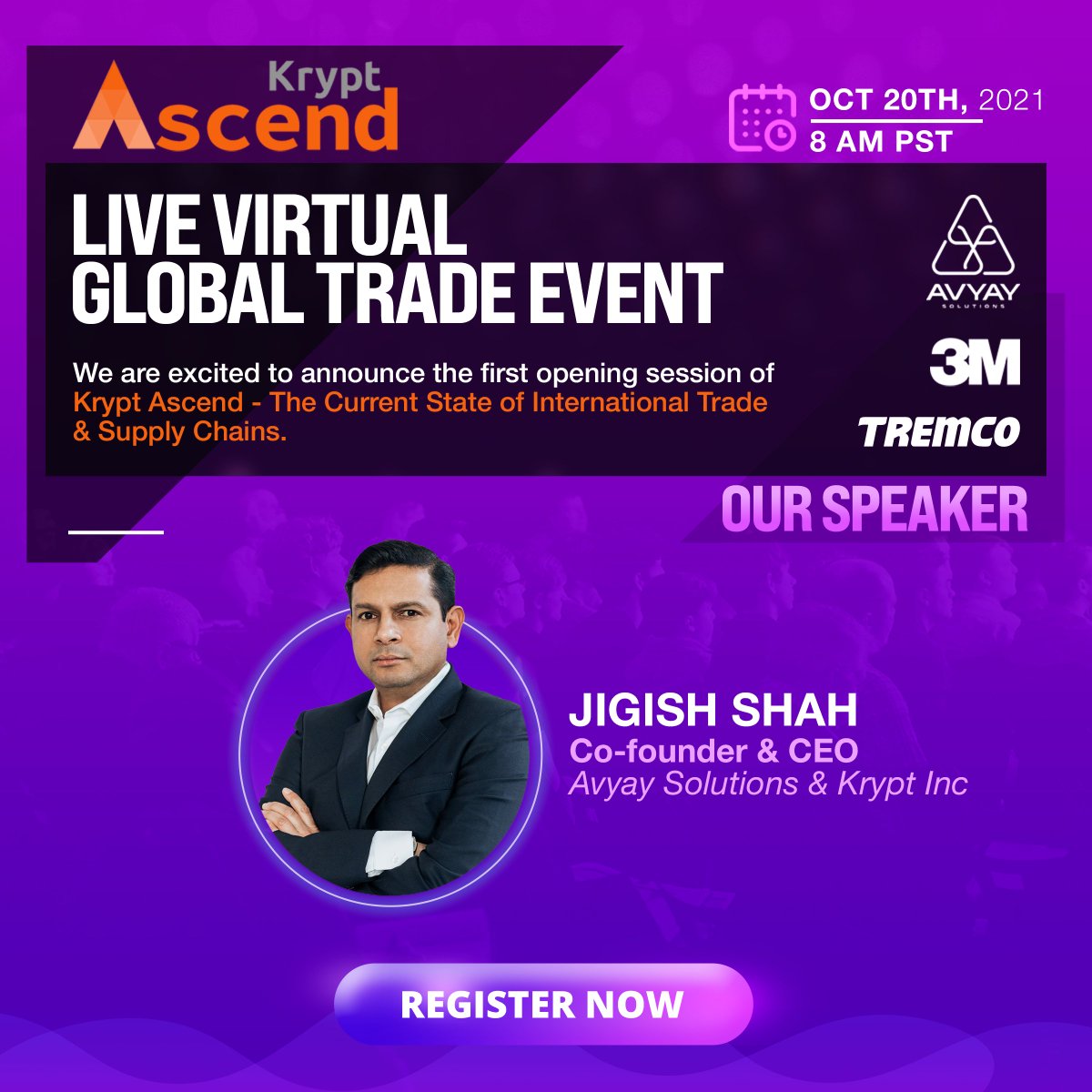 AvyaySolutions's tweet photo. We are excited to announce the first opening session of Global Trade Day for Krypt Ascend live event on October 20th, 2021.
Jigish Shah is the speaker for this session.
Register here: https://t.co/vpPapTWSrt
#KAI #Avyayevents #KryptAscend https://t.co/yu1KZTmnnU
