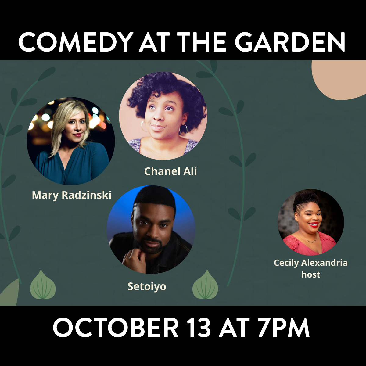 Southwest Philly, it's laughin time. Join us tonight 10/13 at 7PM in the upper meadow for an evening of comedy, hosted by Cecily Alexandria and featuring Chanel Ali, Mary Radzinski, and Setoiyo.

FREE! Not recommended for children.

LEARN MORE: bartramsgarden.org/event/comedy-a…