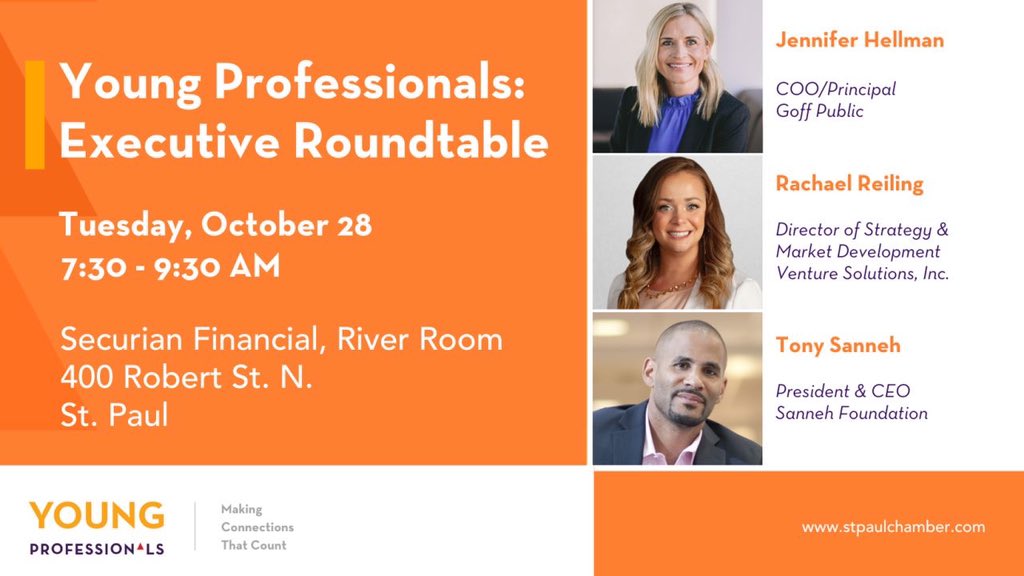 #youngprofessionals you are invited to a roundtable discussion with Twin Cities CEOs and executives!  They will share their insights and expertise, as well as host small breakout groups. (Breakfast is provided!) Bring a friend – don't miss out! Register: lnkd.in/dsr_Mn4B