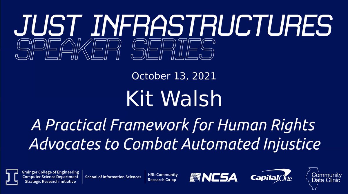 Our #Justinfrastructures talk by Kit Walsh @prilkit on combating automated injustice has just started! Watch it live here: youtube.com/watch?v=MetH8K… @uofigrainger @IllinoisCS @iSchoolUI @NCSAatIllinois @communitydata_ @Illinois_Alma @kkarahal @wrongrrl @indygupta