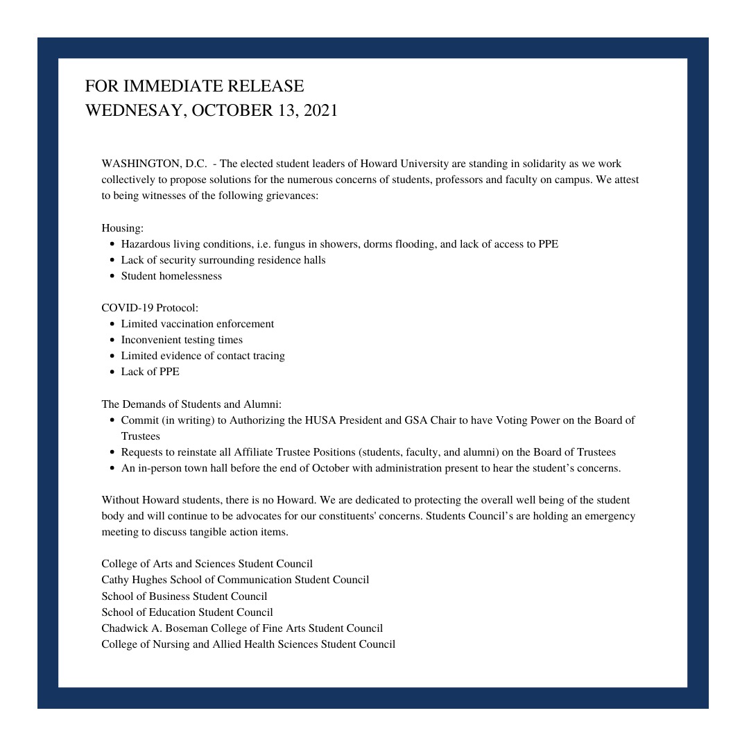 FOR IMMEDIATE RELEASE: 🚨 Press release in response to the growing concerns of the student body regarding housing, Covid-19, and student representation.