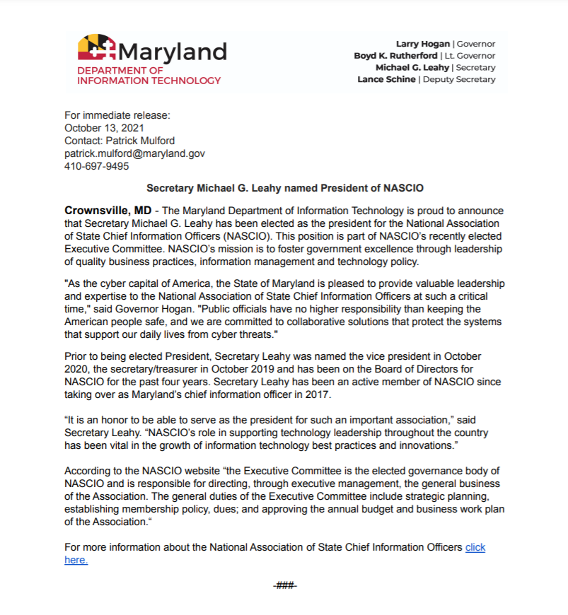 MarylandDoIT's tweet photo. DoIT Sec. Michael Leahy named @NASCIO President!

"As the cyber capital of America, the State of Maryland is pleased to provide valuable leadership and expertise to the National Association of State Chief Information Officers at such a critical time," said Governor Hogan. https://t.co/3fw8G3QqZ6