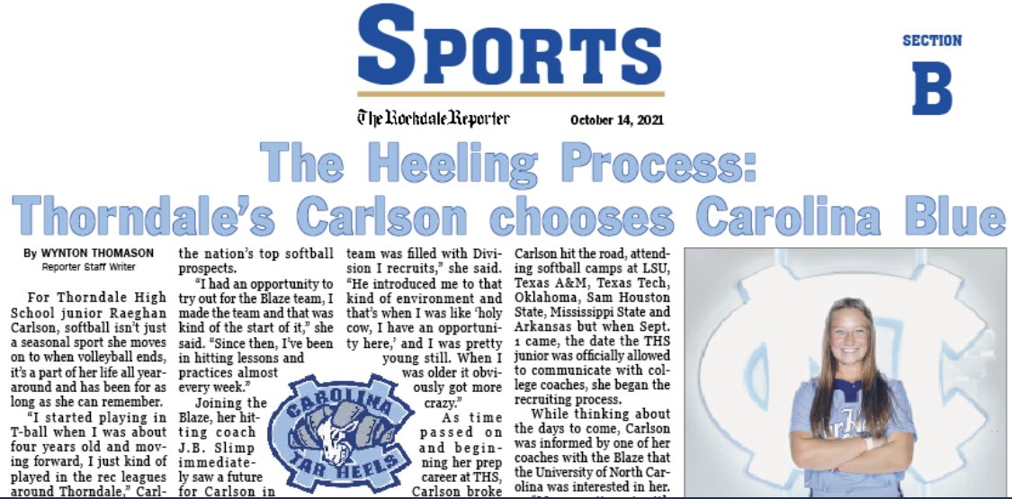 Official Fan Page of Lady Dog Softball (@dogsthorndale) on Twitter photo Be sure to pick up this weeks edition of the <a href="/ReportRockdale/">Rockdale Reporter</a> 🗞 and read up on <a href="/raeghanshaeee/">✰raeghan carlson✰</a> how she navigated the recruiting process and went from a 4 year old little girl who fell in love with a 🥎 into a Division 1 Commit for the <a href="/UNCSoftball/">Carolina Softball</a> program!! Congratulations Kiddo!! Be sure to pick up this weeks edition of the <a href="/ReportRockdale/">Rockdale Reporter</a> 🗞 and read up on <a href="/raeghanshaeee/">✰raeghan carlson✰</a> how she navigated the recruiting process and went from a 4 year old little girl who fell in love with a 🥎 into a Division 1 Commit for the <a href="/UNCSoftball/">Carolina Softball</a> program!! Congratulations Kiddo!!