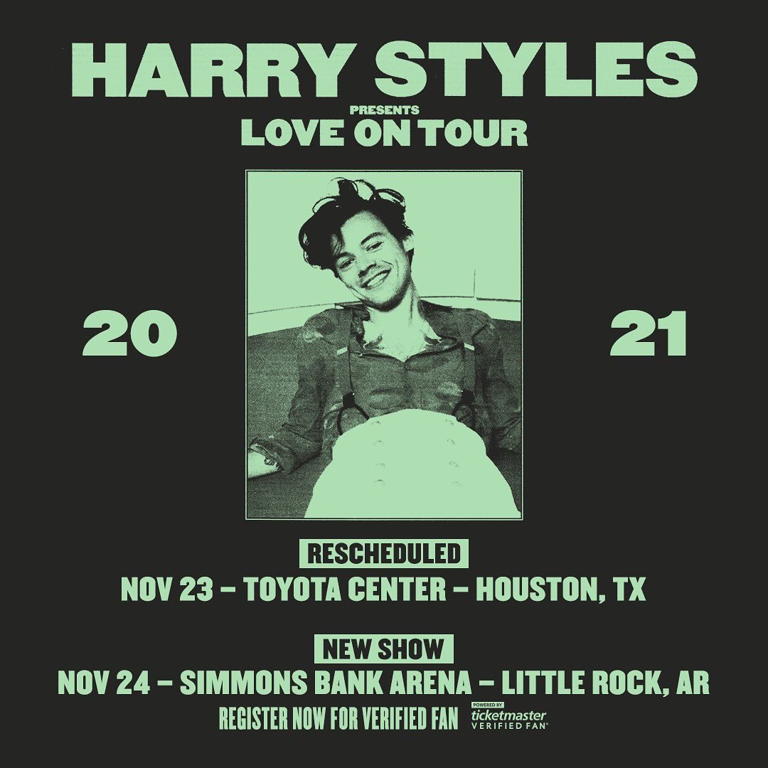 HLDTour's tweet photo. 📸| Harry’s #LoveOnTourHouston show has been rescheduled for November 23rd! Another show has been added in Arkansas for November 24th, and Verified Fan Registration is now open. https://t.co/n7HddEwZX7