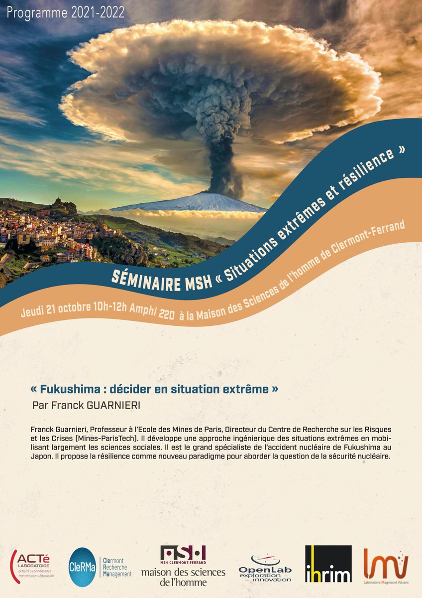 MSH-Clermont (@clermontmsh) on Twitter photo Jeudi 21 oct ! <a href="/ClermontMsh/">MSH-Clermont</a> lance un nouveau séminaire interdisciplinaire : « #Situations extrêmes et #résilience » avec une conf. de <a href="/GuarnieriFranck/">Franck Guarnieri</a> : #Fukushima : décider en situation extrême.
▶️bit.ly/3p153Dw
<a href="/CNRS_dr07/">CNRS Rhône Auvergne</a> <a href="/UCAuvergne/">UCA</a> <a href="/UCA_Recherche/">UCA Recherche</a> <a href="/rn_msh/">RnMSH</a> @INSHS_CNRS Jeudi 21 oct ! <a href="/ClermontMsh/">MSH-Clermont</a> lance un nouveau séminaire interdisciplinaire : « #Situations extrêmes et #résilience » avec une conf. de <a href="/GuarnieriFranck/">Franck Guarnieri</a> : #Fukushima : décider en situation extrême.
▶️bit.ly/3p153Dw
<a href="/CNRS_dr07/">CNRS Rhône Auvergne</a> <a href="/UCAuvergne/">UCA</a> <a href="/UCA_Recherche/">UCA Recherche</a> <a href="/rn_msh/">RnMSH</a> @INSHS_CNRS