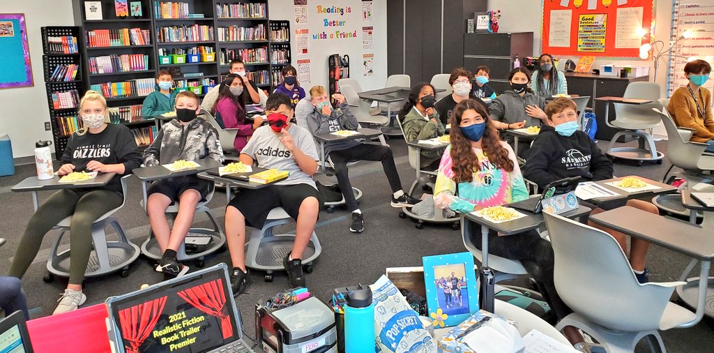 MrsKomp's tweet image. Students wrote realistic fiction stories, then created book trailers to promote their writing. Today we watched them and enjoyed some popcorn! My favorite days are writing celebration days! 🎉 @TCRWP #UnitsofStudy