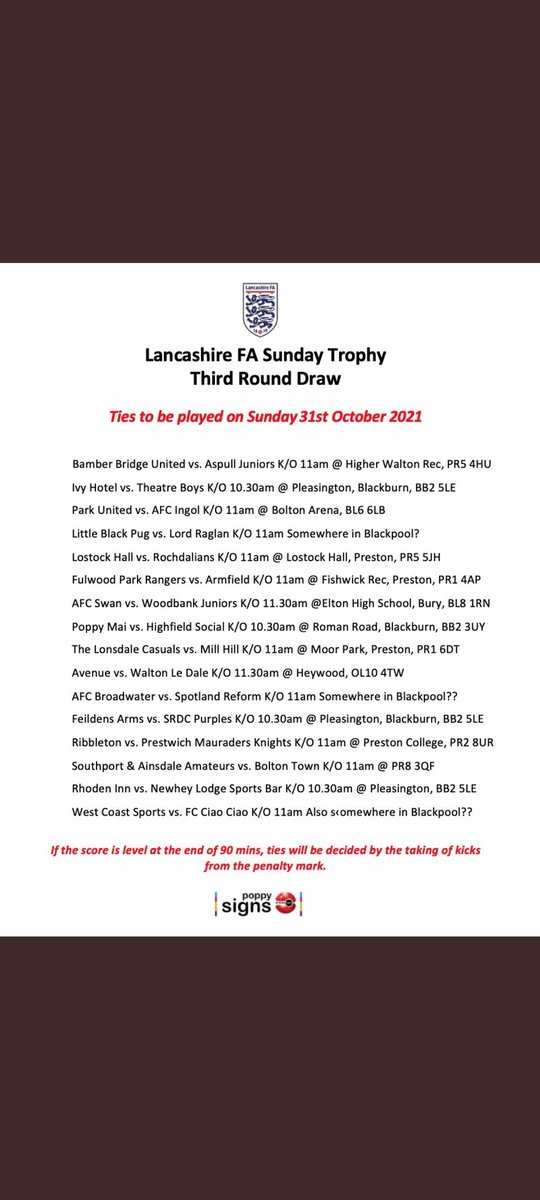 The boys will face Avenue in the 3rd round of the <a href="/LancashireFA/">Lancashire FA</a> Sunday trophy. Huge game for the blues! 🔵🔴