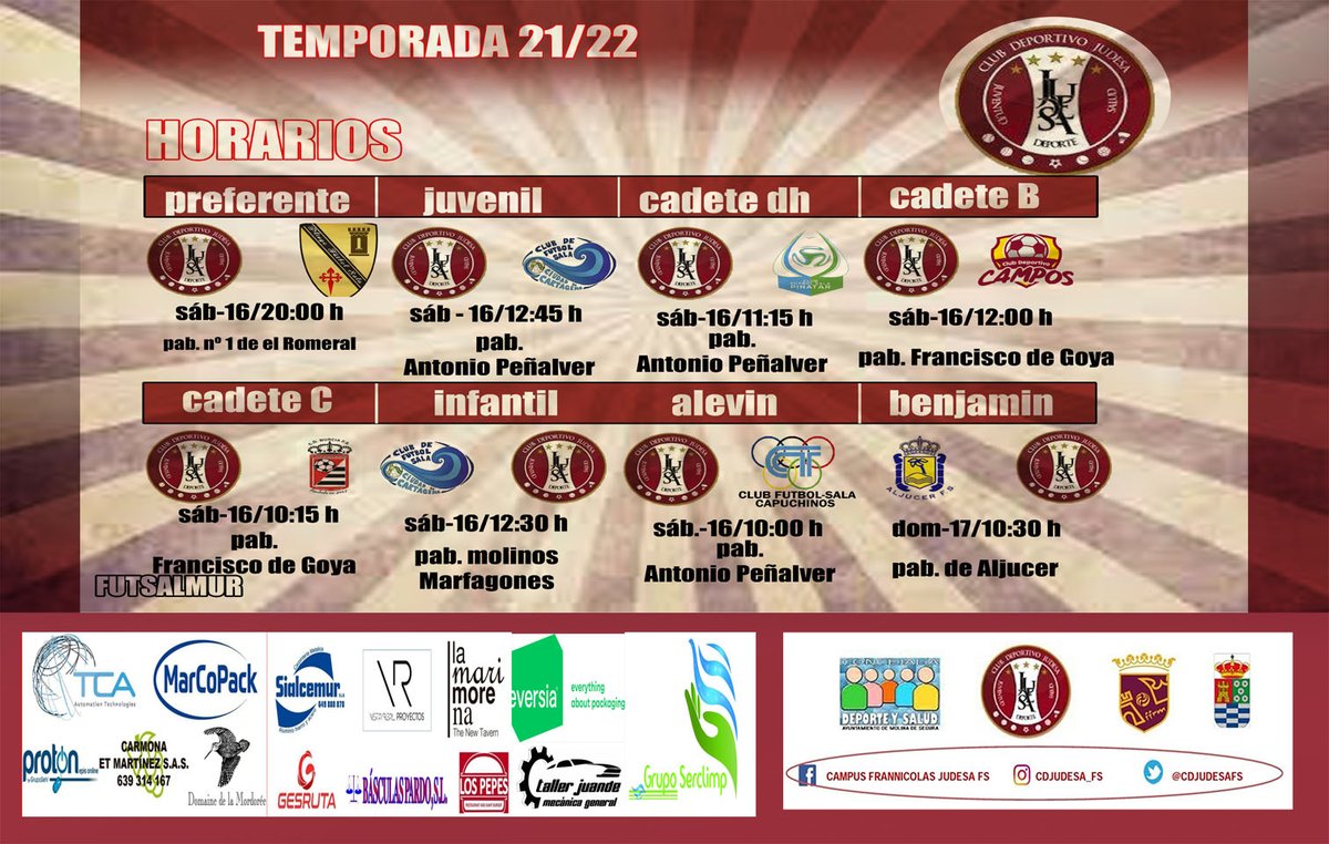 Horarios del fin de semana 
equipos judesa que siguen cogiendo el ritmo de competición gran trabajo de los chicos. 
#somosjudesa #somosfutsal #somosmolina #ayuntdemolinadesegura