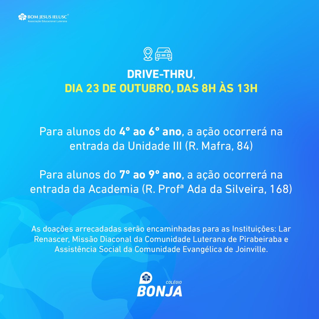 #ColégioBONJA

Do dia 18 ao dia 22 de outubro ocorrerá a 2ª edição da Olimpíada Solidária para os alunos do 4º ao 9º ano do ensino fundamental! O encerramento ocorrerá no dia 23 de outubro com um Drive-thru solidário 💙🤩 confira, na imagem, as datas e horários da ação.