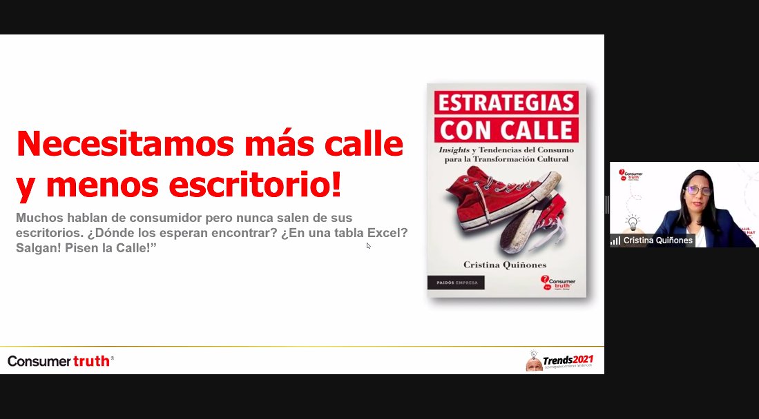 consumer_truth's tweet photo. "Escuchar la calle, la VOZ de las personas afuera, es lo que nos va permitir encontrar un rumbo a las Empresas. Necesitamos más CALLE y menos escritorio!" Nuestra CEO @cristinaq presentando Estudio de #Tendencias #Trends2021 en el #IIeXLatam #TrendLAB 
#EstrategiasConCalle https://t.co/RquUxZqRG2