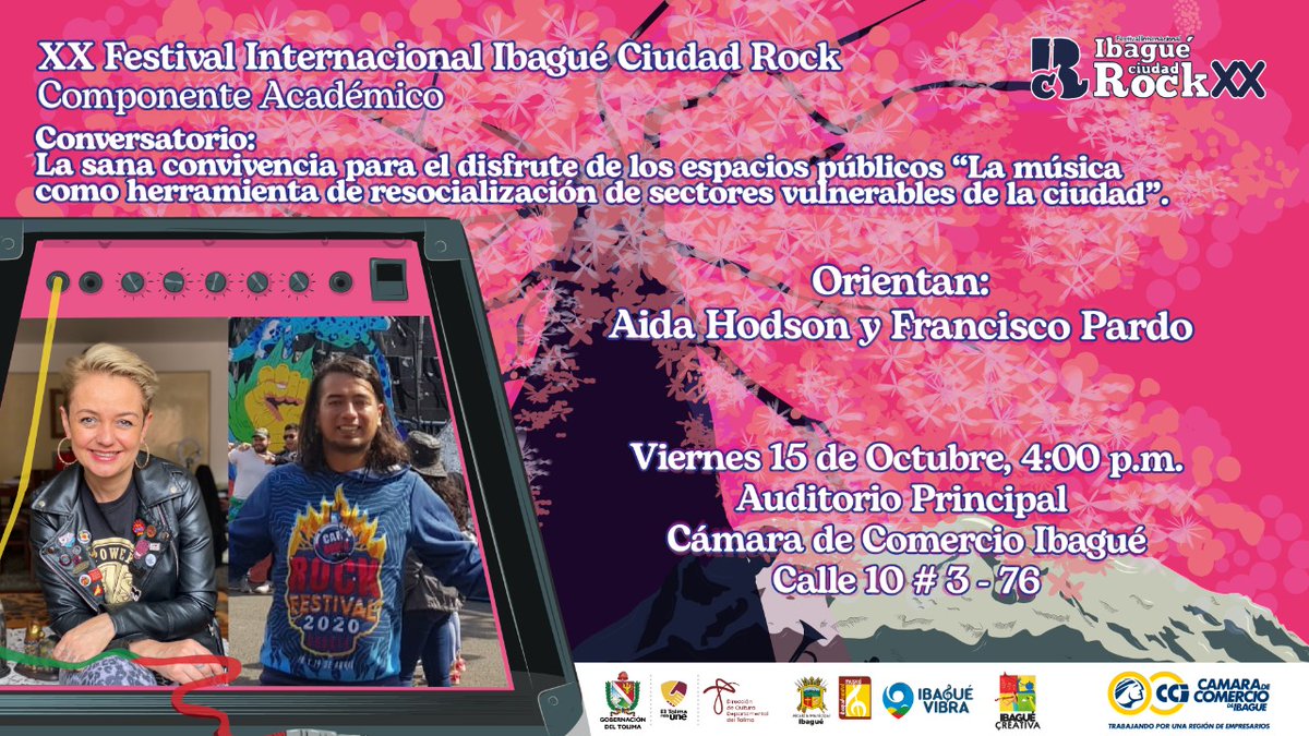 Dos invitados especiales📣 tendrá el componente académico del Festival Internacional Ibagué ciudad Rock XX🎼, Aida Hodson directora de Día de Rock Colombia y Francisco Pardo director de Car Audio Rock Fest. #ICRXX
¡Te esperamos en nuestros auditorio principal!📍
🗓️Viernes 15 oct