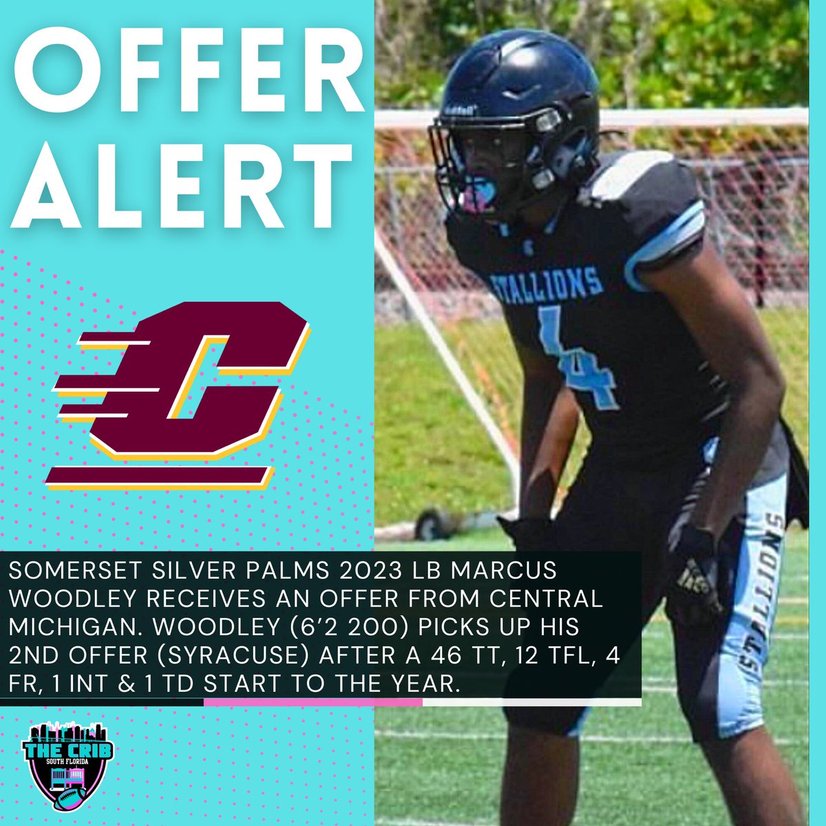 TheCribSouthFLA's tweet image. Somerset Silver Palms 2023 LB Marcus Woodley receives an offer from @CMU_Football. Woodley (6’2 200) picks up his 2nd offer (Syracuse) after a huge statistical start to the year (46 TT, 12 TFL, 5 TOs, 1 TD). He is an athletic ILB prospect that has a frame to play on the P5 level.