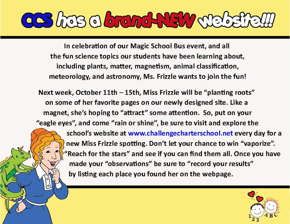 ChallengeChart1's tweet photo. Miss Frizzle is “planting roots” at https://t.co/41hHi1rTTV 
Like a magnet, she’s hoping to “attract” some attention so put on your “eagle eyes”, and come “rain or shine”, be sure to visit and explore the school’s website at https://t.co/Buw9Ju8gGv to Find Miss Frizzle to win! https://t.co/NyJDB8pe2J