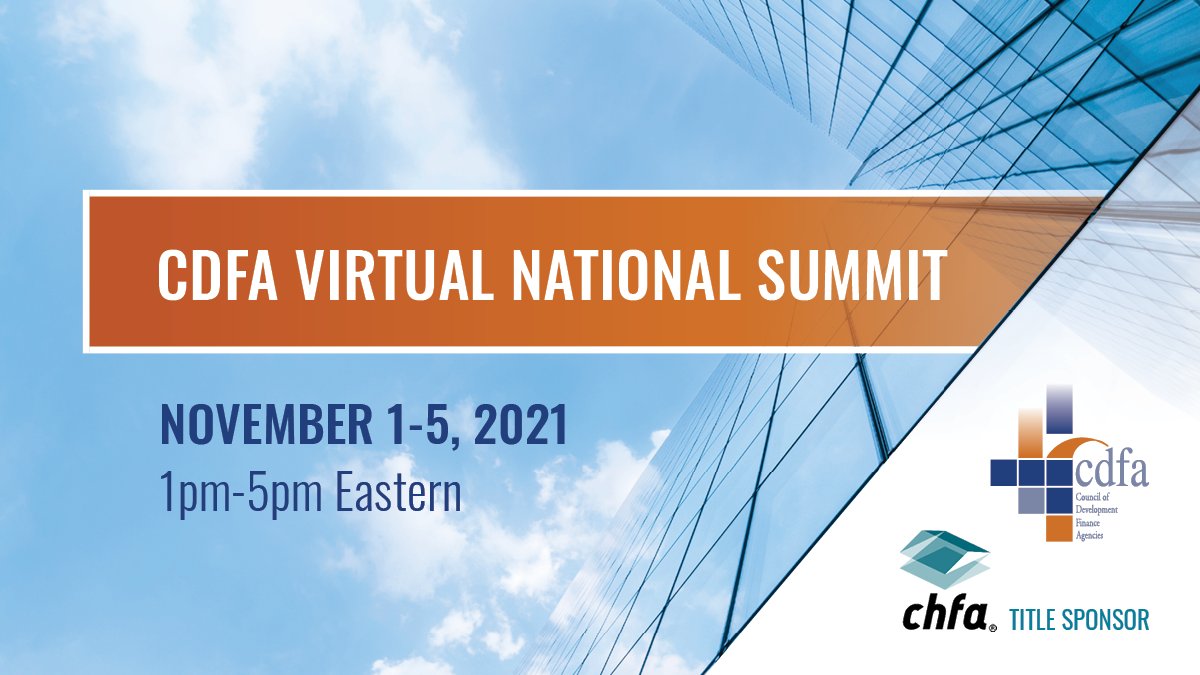 We’re excited to share the agenda for the CDFA Virtual National Summit happening November 1-5! Designed for the entire development finance community, the Summit will bring perspectives and creative financing approaches from across the country. Join us! cdfa.net/cdfa/cdfaweb.n…