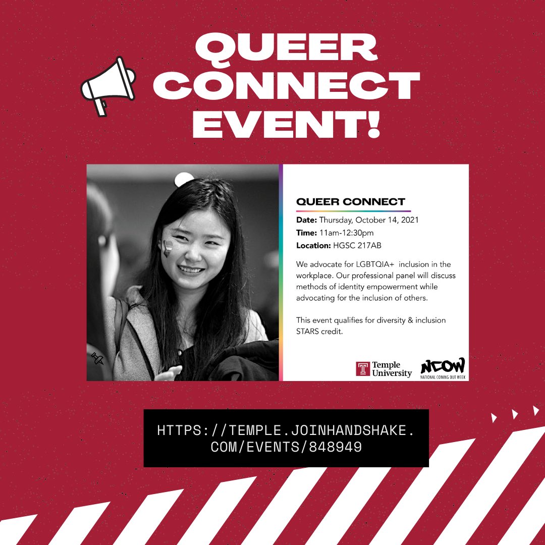 TempleCareers's tweet photo. In honor of #NationalComingOutWeek, the Career Center is offering a virtual panel for students and staff.

Join us tomorrow, October 14th, to discuss methods of identity empowerment, while advocating for the inclusion of others. Register on Handshake now! https://t.co/6fcM00QcMX https://t.co/mcU5el46SO
