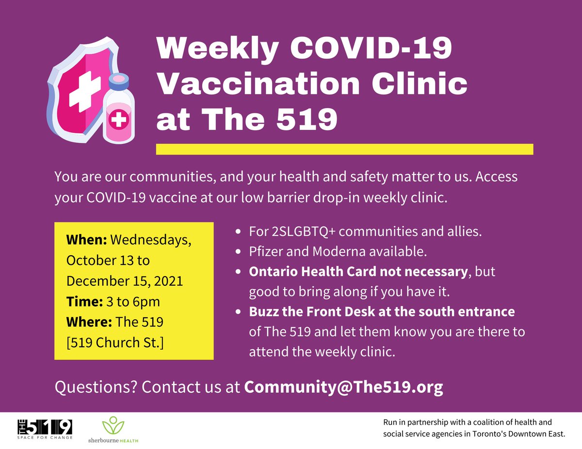 The519's tweet photo. Weekly COVID-19 Vaccination Clinic at The 519
#Today onwards.
When: Wednesdays, October 13 to December 15, 2021
Time: 3 to 6pm
Where: The 519 [519 Church St.]
Questions? Contact us at Community@The519.org
#COVID19 #Vaccine #DaysOfVaxtion #VaccinateTO #Vaccination #Clinic #Toronto https://t.co/xMvT7i7BN5