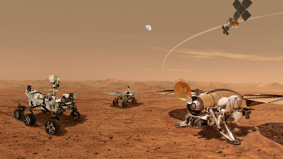 This illustration shows a concept for a set of future robots working together to ferry back samples collected on the surface of Mars by NASA's Perseverance rover.