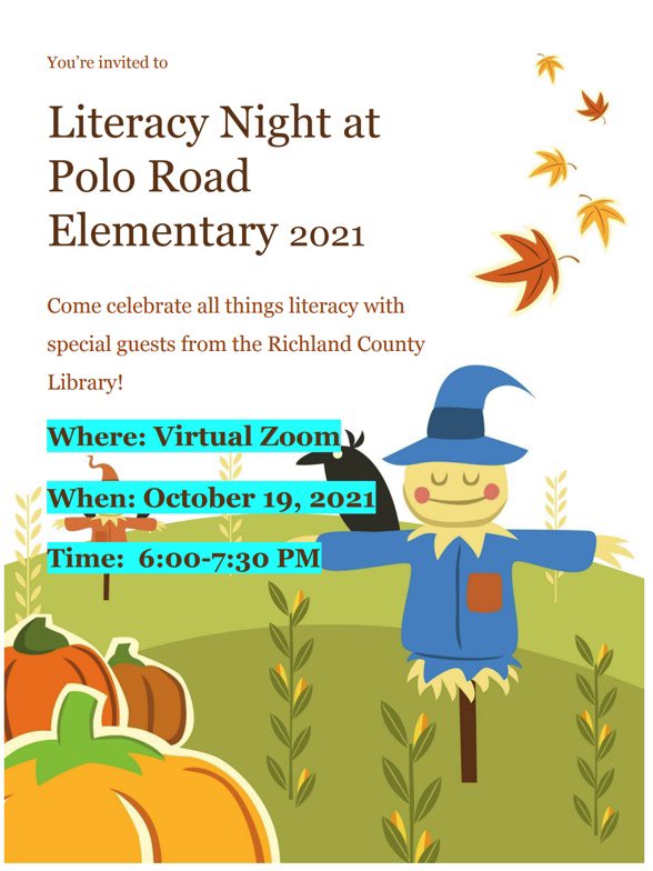 PRE_Explorers's tweet photo. You are invited to our 2nd annual literacy night on October 19th via Zoom! #PreLitNight #PoloProud #literacy #richlandtwo https://t.co/kqvByvp8N8
