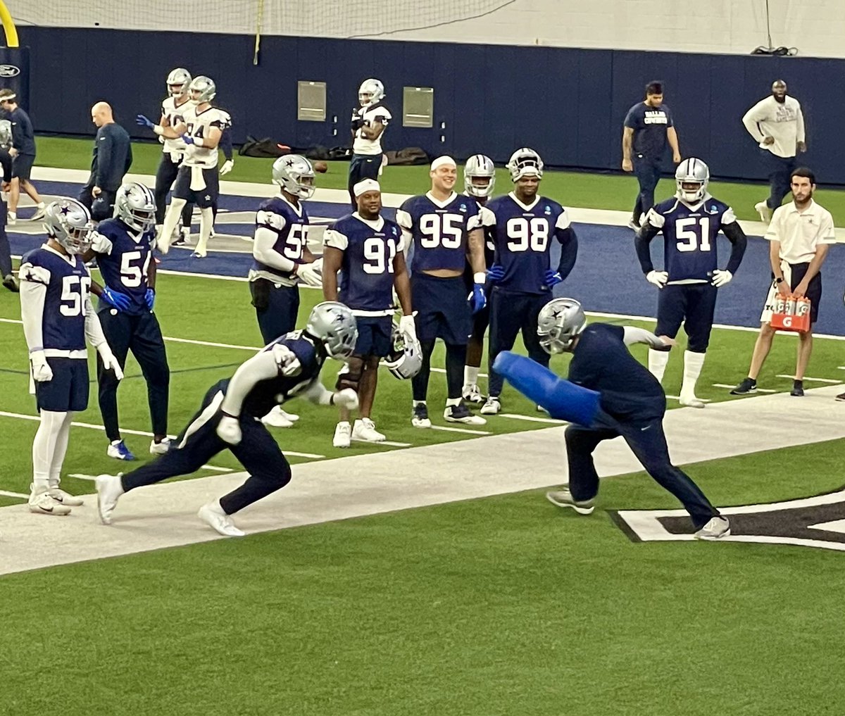 jonmachota's tweet image. Cowboys DC Dan Quinn had the helmet on for today’s pass rushing drills. (Photo: Quinn vs. Randy Gregory)