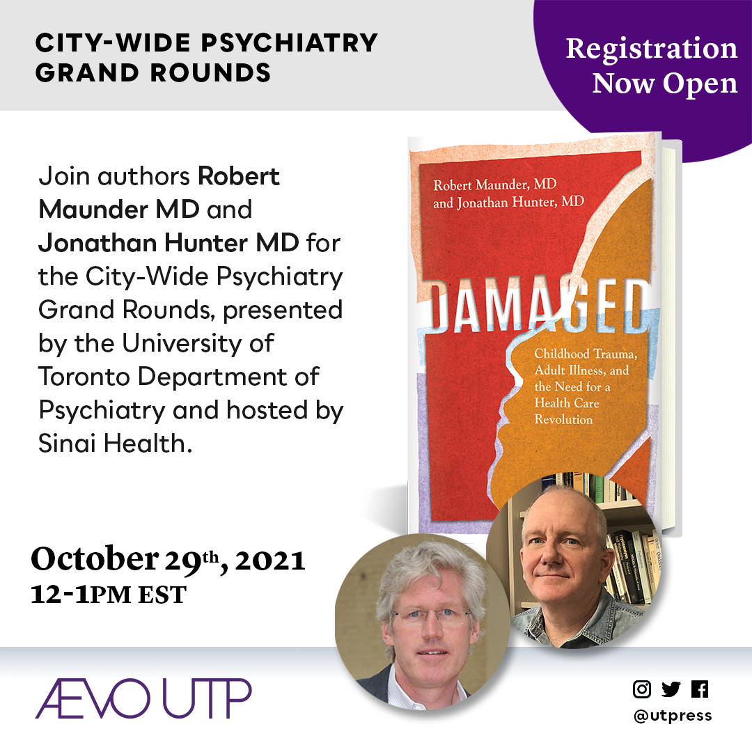 Join UTP authors Dr. Robert Maunder (<a href="/boiby/">۫</a>) and Dr. Jonathan Hunter (<a href="/boibyJH/">jon hunter</a>) for the City-Wide Psychiatry Grand Rounds, presented by <a href="/UofTPsych/">UofTPsychiatry</a> and hosted by <a href="/SinaiHealth/">Sinai Health</a>. Oct. 29th at 12PM EST. Register here: bit.ly/3iV2jUb