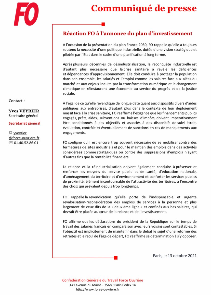 [#Communiqué FO] "A l’occasion de la présentation du plan France 2030, FO rappelle qu’elle a toujours soutenu la nécessité d’une politique industrielle, dotée d’une vision stratégique et pilotée par l’État dans le cadre d’une planification à long terme." #Macron #PlanDeRelance