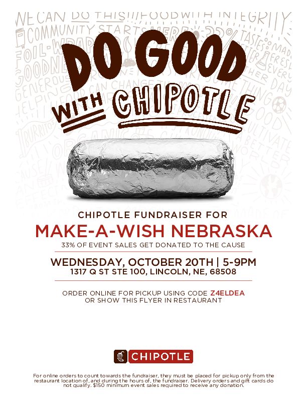 MakeAWishNE's tweet photo. Thank you to our friends at Chipotle at 1317 Q St. in Lincoln for hosting a fundraiser benefiting Make-A-Wish Nebraska! On October 20, 33% of the proceeds made between 5-9 PM will go to Make-A-Wish Nebraska! ๐ See the flyer below for more information! #DoGoodWithChipotle https://t.co/90HU0oSxn3