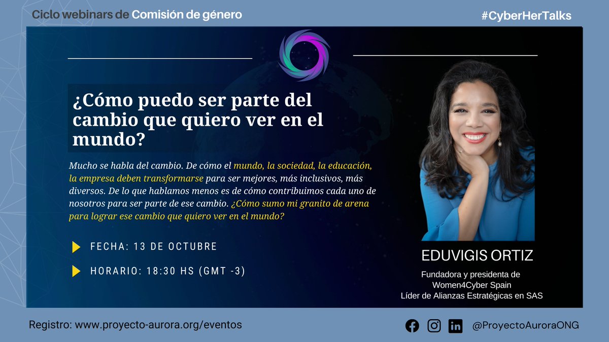 P_AuroraONG's tweet image. 🔊¡No te pierdas los #Miércoles de #CyberHerTalks!

☑HOY 13 de octubre👇🏻

📌"¿Cómo puedo ser parte del cambio que quiero ver en el mundo?"
Por @EduvigisOrtiz

Mirá la agenda completa y registrate en:
proyecto-aurora.org/cyberhertalks

¡Te esperamos!

#CyberSecMonth #cybersecurity
