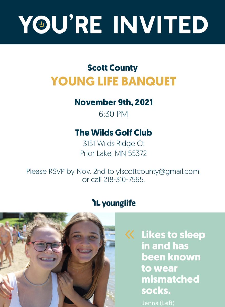 ScottCountyYL's tweet photo. We are excited for our annual banquet being held on Nov 9th at the Wilds! If you/your parent want to learn more about SCYL shoot us a DM or email us at ylscottcounty@gmail.com to RSVP! #scyl #younglife https://t.co/nTLsTSXPDj