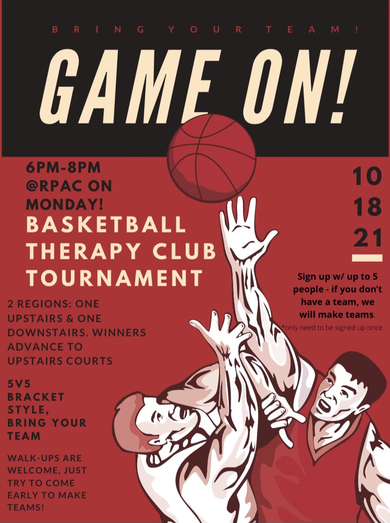 🚨This Monday BTC is hosting a 5v5 Tournament @ 6-8 PM in the RPAC.                                                    There will be 2 courts playing in a Bracket Style Tournament. Use the Sign up link in bio to sign up with up to 5 people. #btc #basketballtherapyclub #GoBucks