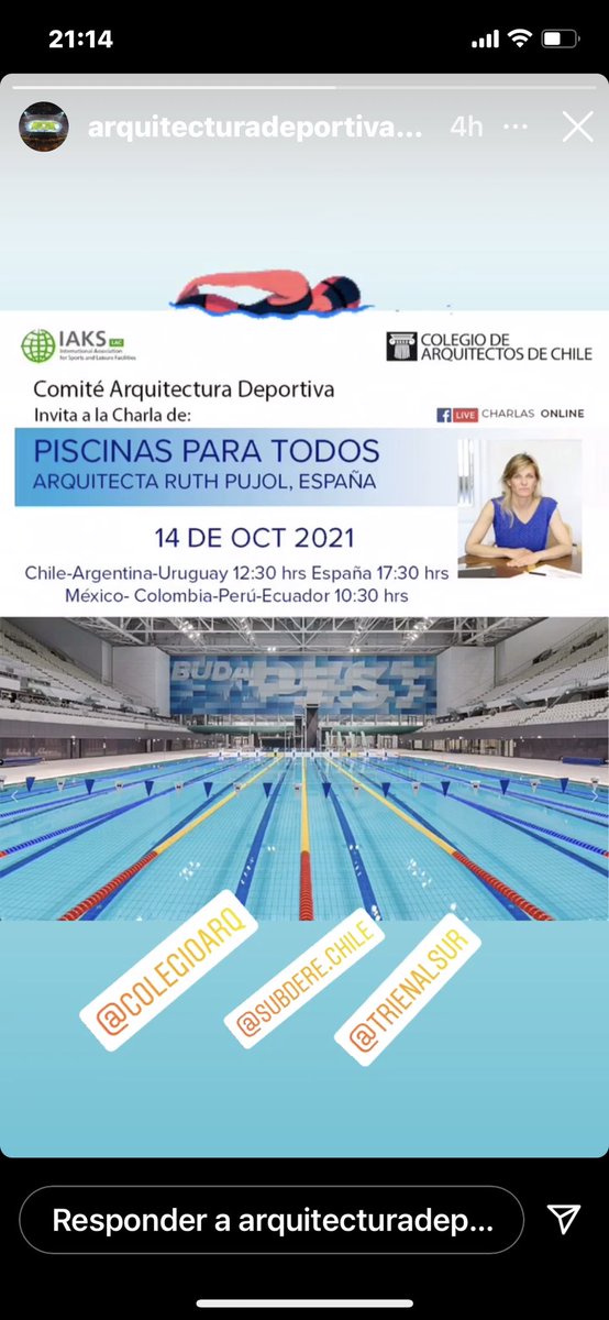imr_isabel's tweet photo. Los invito a participar de la charla Piscinas para Todos, con la arquitecta española Ruth Pujol, organizada por comité de Arquitectura Deportiva del Ca 14 de Oct a las 12.30 hrs pueden inscribirse y la actividad en facebook live del Colegio de Arquitectos
https://t.co/njY6Wy8O4x https://t.co/6zmc3yEACq