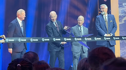 A fantastic day in Lafayette! On-time and on budget, Saab President and Group CEO Micael Johansson cuts the ribbon, opening their new facility. With him are Saab Board Chair Marcus Wallenburg, Purdue President Mitch Daniels, and Indiana Governor Eric J. Holcomb. #greatertogether