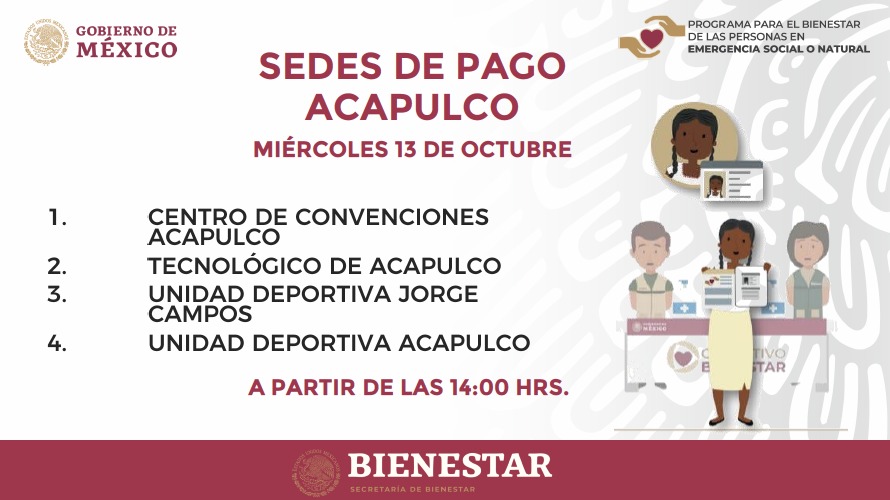 HectorAstudillo's tweet photo. Las sedes de pago para los afectados en Acapulco, son el Centro de Convenciones Acapulco, Tecnológico de Acapulco, Unidad deportiva Jorge Campos y Unidad Deportiva Acapulco. https://t.co/4d8jgeAHUM