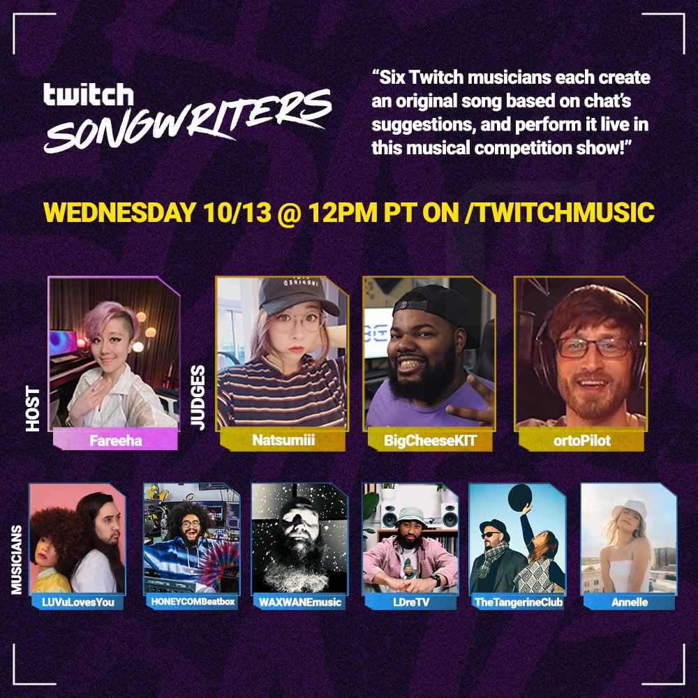 Hey, Tangerines! It's TODAY! 🕺

Tune in on /twitchmusic or /thetangerineclub to watch this amazing show with this incredible lineup! 💜💥
We will be performing our new song "The Essence" and it would be lovely to have you all with us! 

Starts at 12 pm PST!  #twitchmusic
