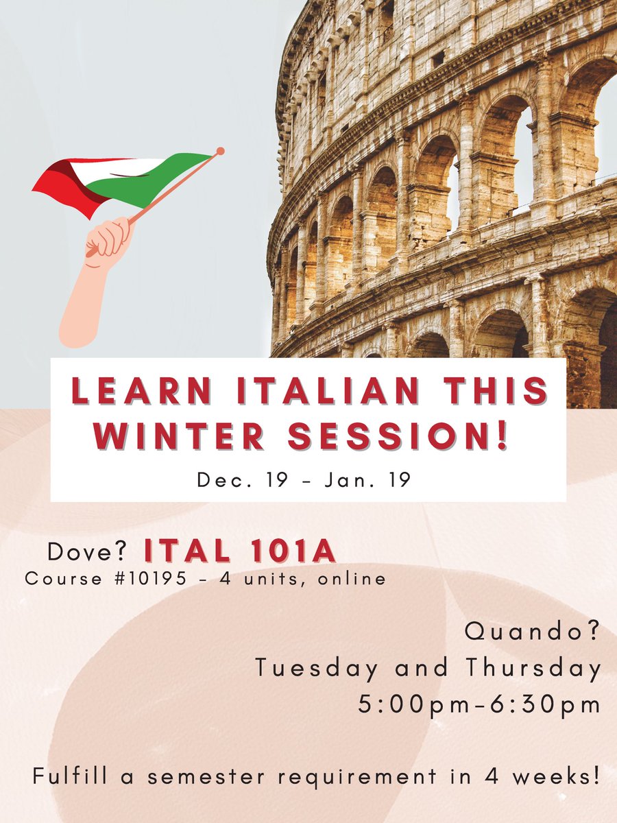 Looking to learn Italian this winter break? Take Ital 101A with Alessandra Balzani! 
#graziadiocenter #rgrll #csulb #italian #italiano #imparaitaliano #learnitalian