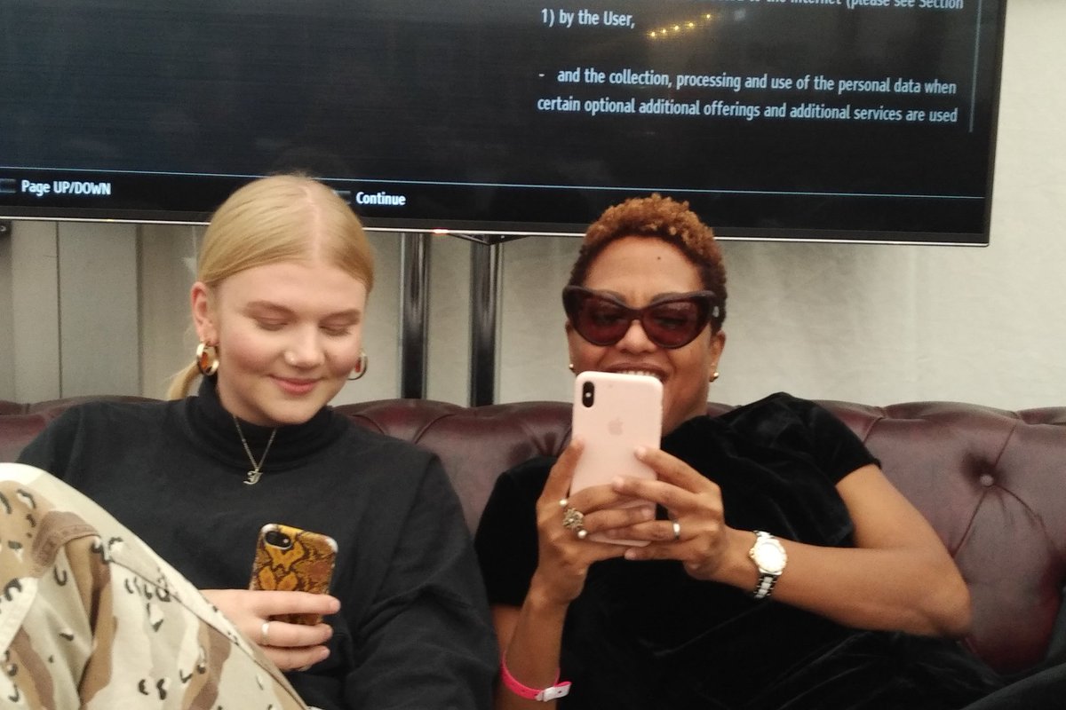 Still my favourite <a href="/CheltLitFest/">CheltLitFest</a> photo ever - 2 years ago, my daughter <a href="/JuliaBrookes7/">Julia Brookes</a> &amp; <a href="/mrsjaneymac/">Sara Collins</a>, pretending not to fangirl Louis Theroux in the Writers' Tent