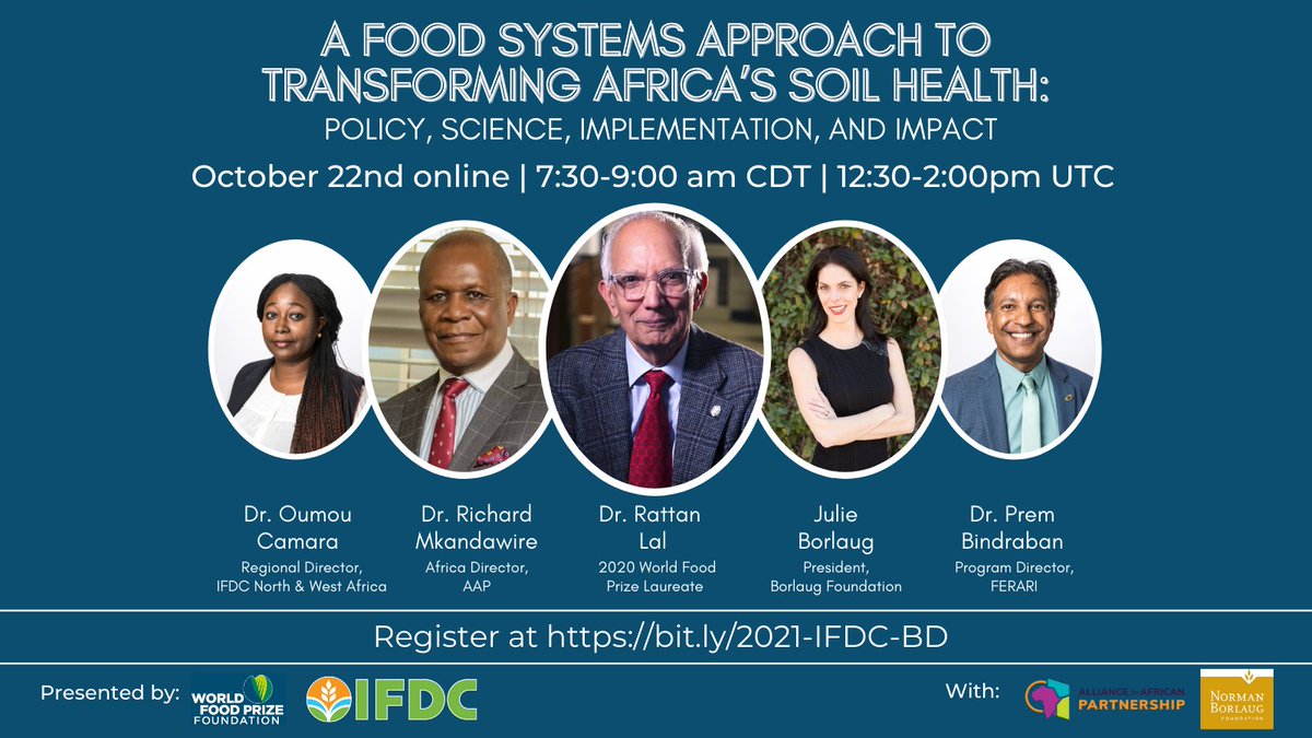 IFDC (@ifdcglobal) on Twitter photo 🗓 Join IFDC for our <a href="/WorldFoodPrize/">World Food Prize Foundation</a> #BorlaugDialogue Side Event on October 22nd as Dr. <a href="/lal_rattan/">Rattan Lal</a> & other panelists including <a href="/JulieBorlaug/">Julie Borlaug</a>, discuss Africa's #SoilHealth. #SoilHealth4All
Free registration: bit.ly/2021-IFDC-BD 🗓 Join IFDC for our <a href="/WorldFoodPrize/">World Food Prize Foundation</a> #BorlaugDialogue Side Event on October 22nd as Dr. <a href="/lal_rattan/">Rattan Lal</a> & other panelists including <a href="/JulieBorlaug/">Julie Borlaug</a>, discuss Africa's #SoilHealth. #SoilHealth4All
Free registration: bit.ly/2021-IFDC-BD
