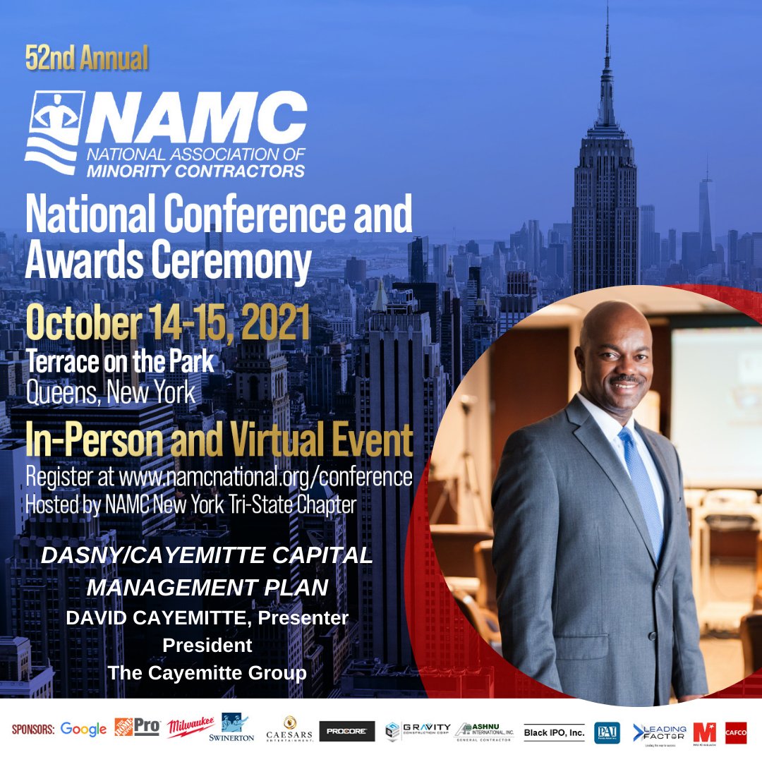 Calling all New York State MWBE and SDVOB contractors interested in becoming prime bidders on DASNY construction contracts. Don't miss this #NAMC52 presentation on how to make it happen presented by Michael Clay and David Cayemitte!

Register now at namcnational.org/conference.