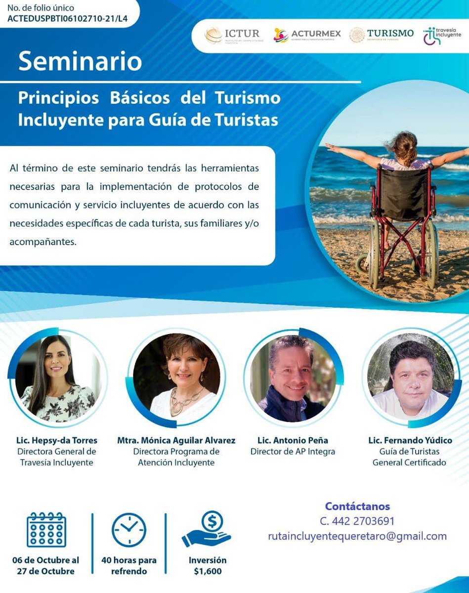 qrociudad's tweet photo. ¡No te pierdas de este interesante seminario!
Información al 📞: 442 2703691
📧 rutaincluyentequeretaro@gmail.com
📆 Del 6 al 27 de Octubre. 
#QroCiudad #GuíaDeTuristas #TurismoIncluyente https://t.co/Krs4DHxy2P