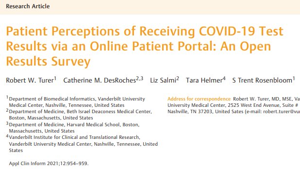 Open access to COVID-19 test results via patient portal helped patients manage their health and lives. More research is needed to evaluate whether these results generalize to more diverse populations. #openresults #opennotes #COVID19 Read at @ACI_Journal:  thieme-connect.com/products/ejour…