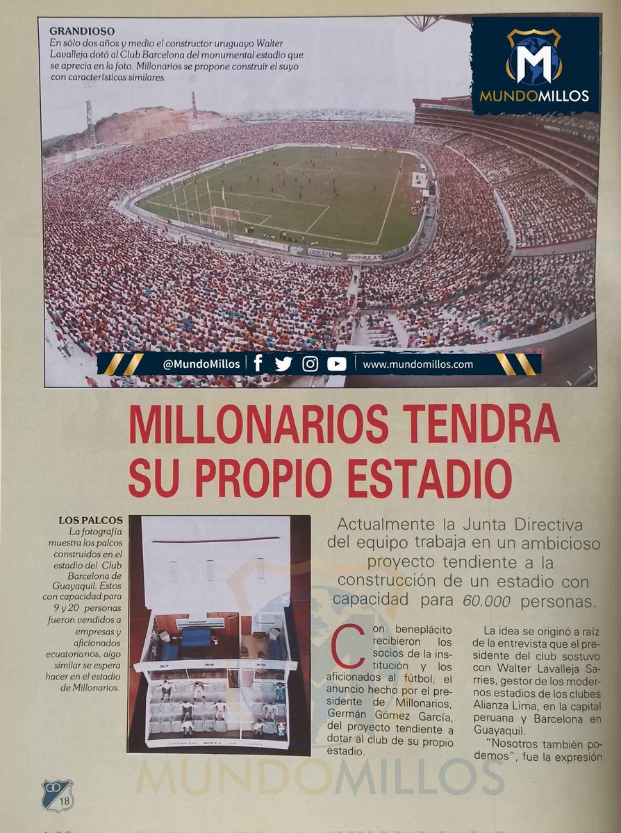 MundoMillos's tweet photo. #RECUERDO Imagen de la revista MILLOS de mayo de 1989. Los directivos de la época planeaban construir un estadio similar al de Barcelona de Guayaquil para 60 mil personas. https://t.co/4rAfmfSL4k