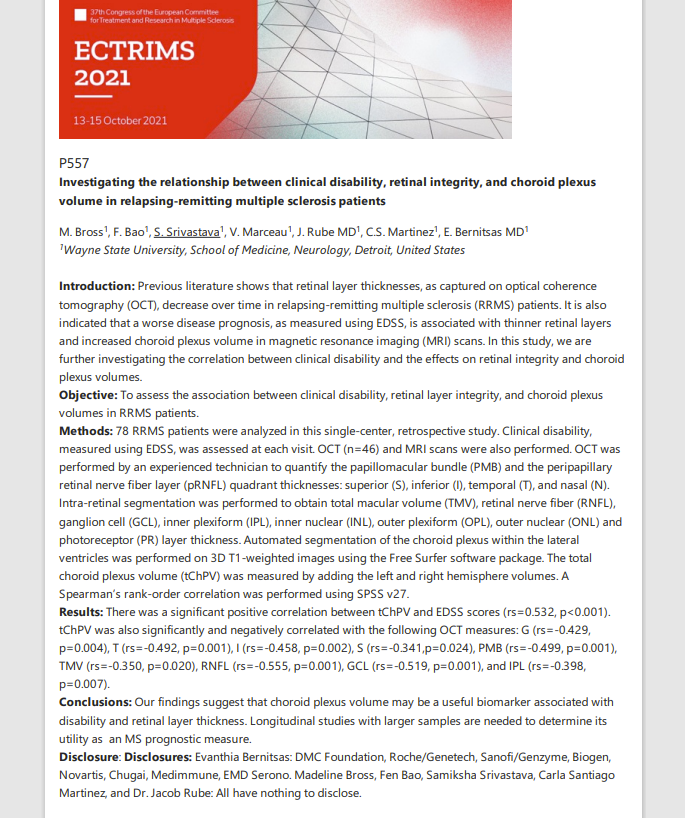 Samiksh66143914's tweet photo. I am delighted to attend this year's #ECTRIMS  from 13-15 Oct and looking forward to learn and share my knowledge in MS. Please read my two abstracts P 508 and P 557 @IMG_Advocate,@NMatch2022. https://t.co/Qrmgw7qgSJ