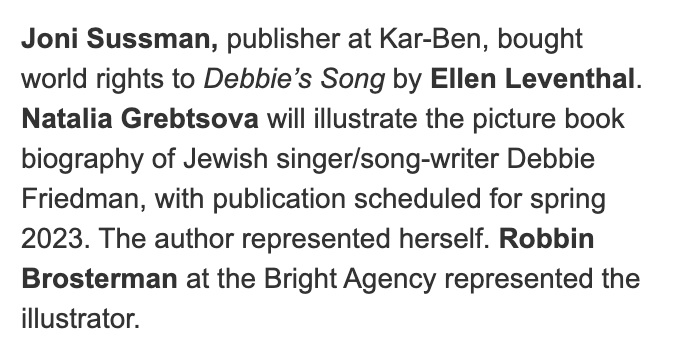BrightAgencyUS's tweet photo. Congrats to #BrightArtist #NataliaGrebtsova on 📚DEBBIE'S SONG📚 hitting shelves spring 2023! | @KarBenPub | @RBrosterman https://t.co/Oj1sWRHkxE