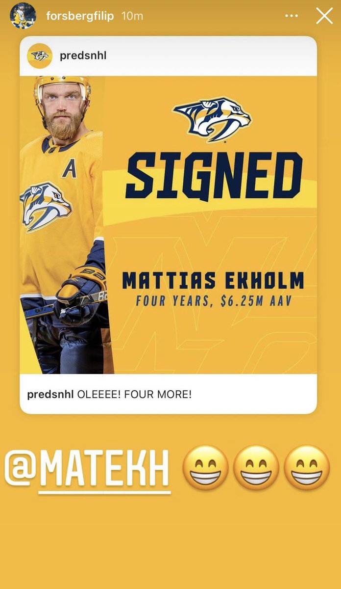 MusicCityGold's tweet photo. You can argue the Eky deal with numbers and term till you are blue in the face but one major upside has to be this…At the end of the day Forsberg wants to get paid but not retaining Eky would have been a major blow in trying to convince him to stay here. #Preds smiles this time. https://t.co/5wOnU6pJJA