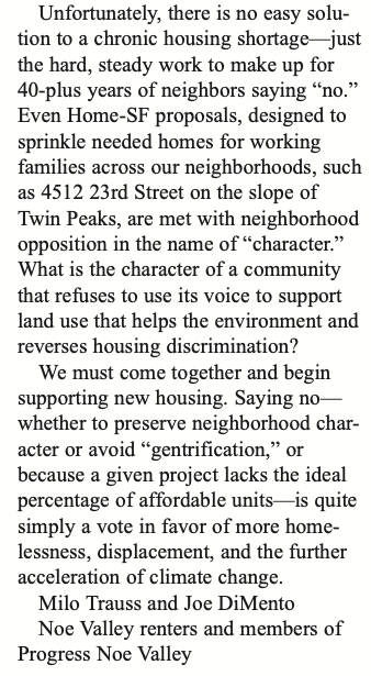 NoeValleyDems's tweet photo. 👀 Spotted in the Noe Valley Voice:

@NoeValleyDems members @DiMentor and @milobefree op-ed supporting more housing in Noe 👏👏👏 https://t.co/LYpRMKYVeJ