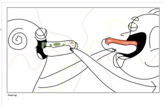 Or this personal example from Home. "The Great Chicago Hot Dog Crisis" is about Oh trying a hotdog for the first time. But also about Humans and Boov learning to co-exist based on bonding over their love for hotdogs. 