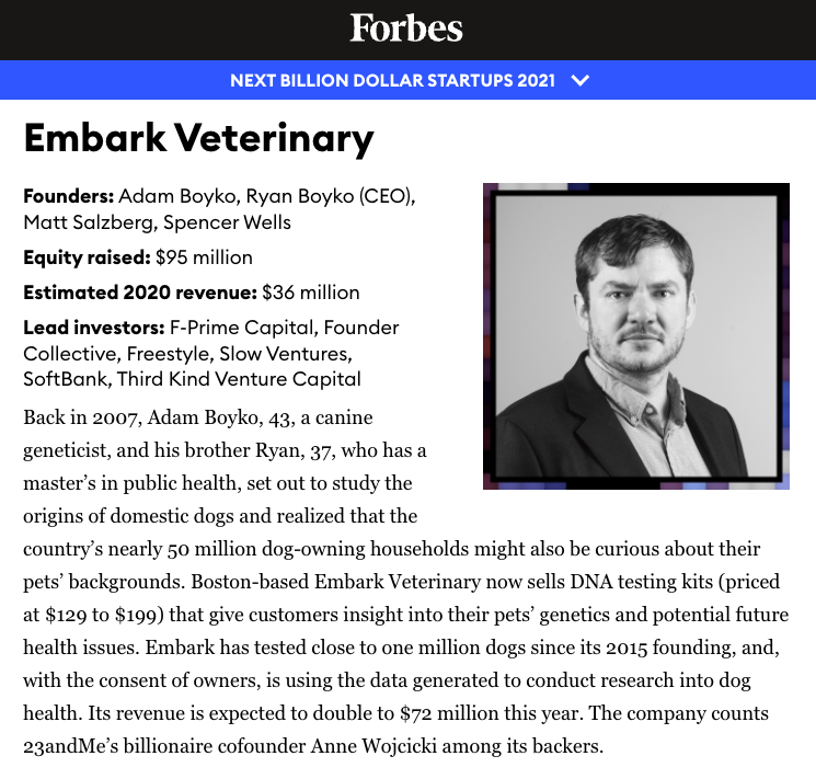 Congrats to team <a href="/embarkvet/">embarkvet</a> for being named to the <a href="/Forbes/">Forbes</a> Next Billion-Dollar startup list!

#ProudInvestor @rhboyko @adaarboyko <a href="/isabellevplante/">Isabelle Plante</a> <a href="/adammedros/">Adam Medros</a> 

forbes.com/sites/amyfeldm… HT <a href="/amyfeldman/">Amy Feldman</a>

Also, they're hiring: 

embarkvet.com/about/careers/