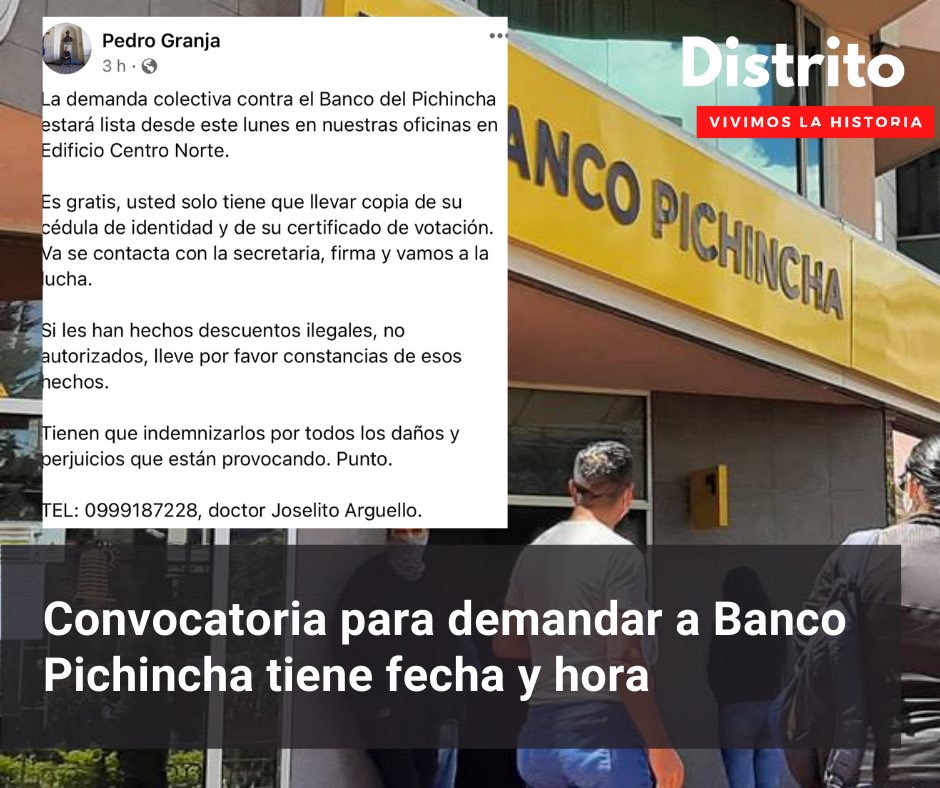 DistritoEc's tweet photo. ⭕️ IMPORTANTE

El lunes 18 de #octubre, quienes se han visto perjudicados por #BancoPichincha podrán acudir de forma gratuita a entregar su documentación para la demanda colectiva auspiciada por los abogados #PedroGranja y #JoselitoArguello

#DistritoEC
#Noticias
#Ecuador
#Viral https://t.co/FER2a42CfH