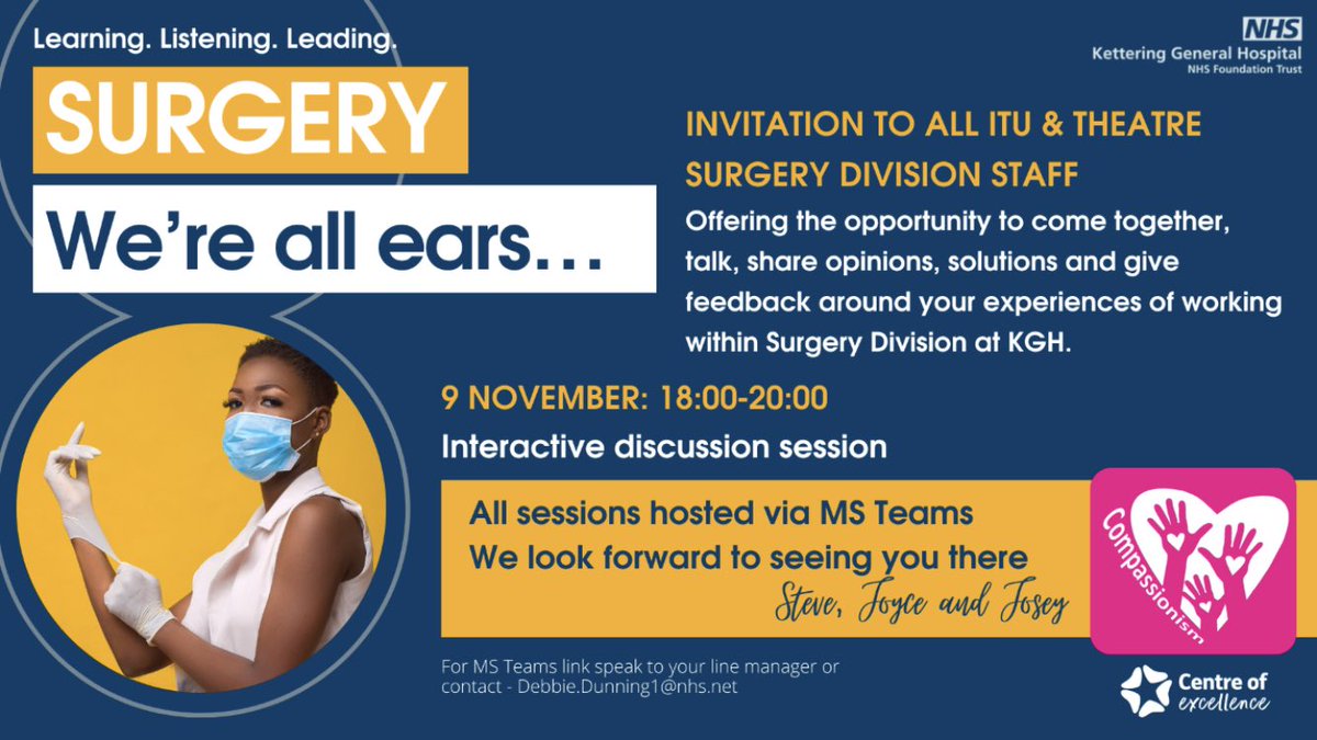 Following last weeks fantastic ‘We’re all ears…’ listening event  with the surgical nursing staff discussing the challenges of redeployment - @GarrattJosey7, <a href="/JoyceC1412/">Joyce Cousins</a> and @KriklerSteve are hosting another event for <a href="/KettGeneral/">Kettering General Hospital</a> ITU &amp; Theatre staff… hope you can join us 💞