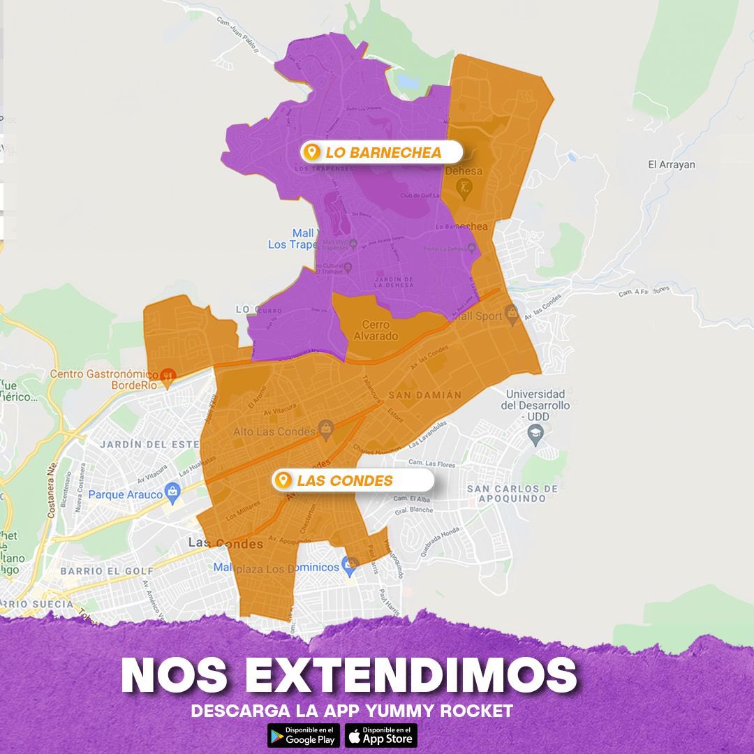 ¡Así de rápido somos! !🚀 #LasCondes y #Vitacura ahora vivirán la experiencia #YummyRocket. Descarga la app👉 apple.co/3BEb64q y disfruta de más de 1.000 productos siempre disponibles y con envío gratis. 😎👌