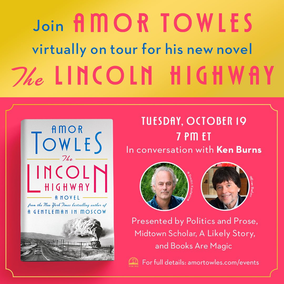 Join me next Tuesday as I talk about my new novel with the great documentarian <a href="/KenBurns/">Ken Burns</a>. 
We’re sure to touch on our differing approaches to history and narrative.
Ticketing info for this virtual event can be found at amortowles.com/events